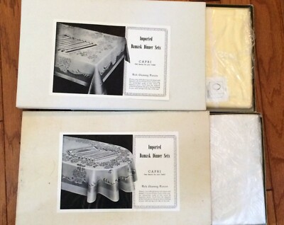 Vtg 2Linen French Hemmed Surety Capri DAMASK Tablecloth 60x84 oval rectangle NIB