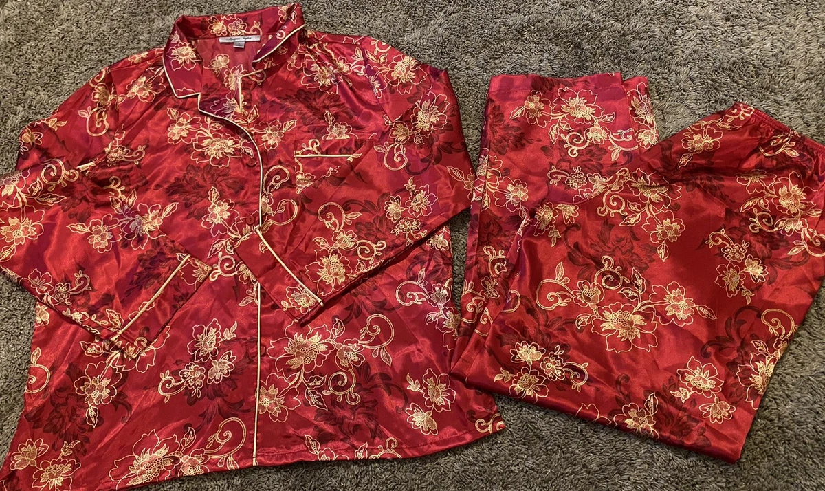 morgan taylor pajama set satin red gold floral size large eBay