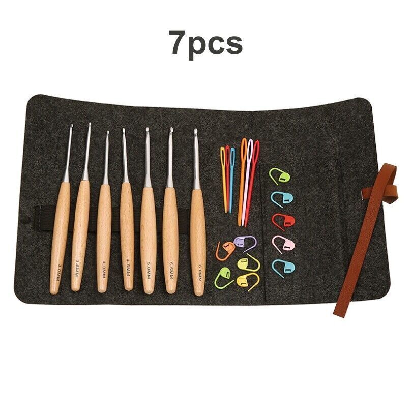 7-Piece Crochet Hook Set with Knitting Needles, Stitch Markers & Felt Bag 3-6mm