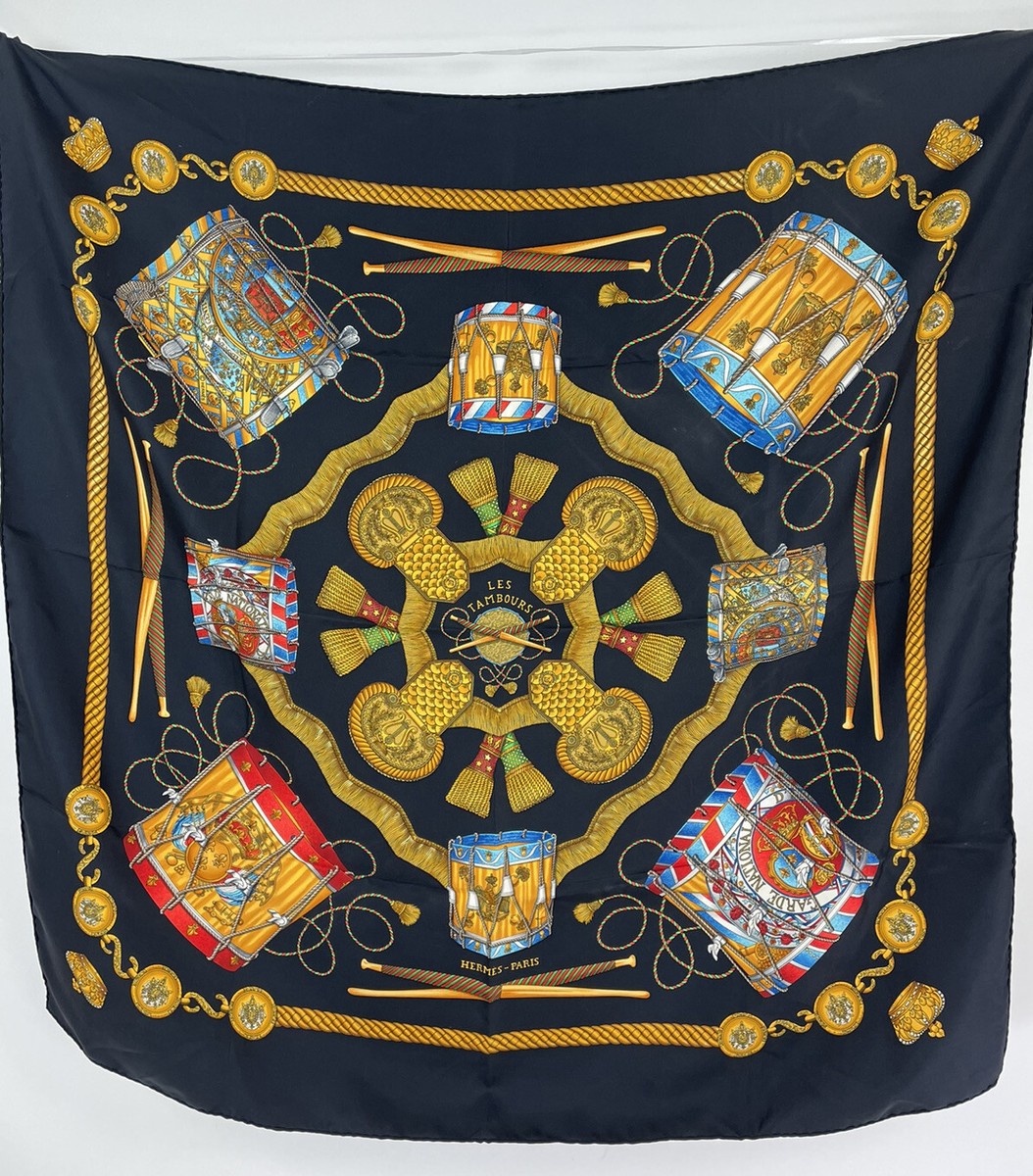 HERMES Carre Scarf 90 cm LES TAMBOURS Drum Motif Silk Black France