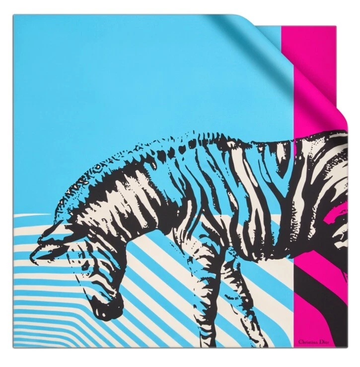 Foulard carré femme Christian Dior jungle pop zèbre bleu rose 90 x 90 cm