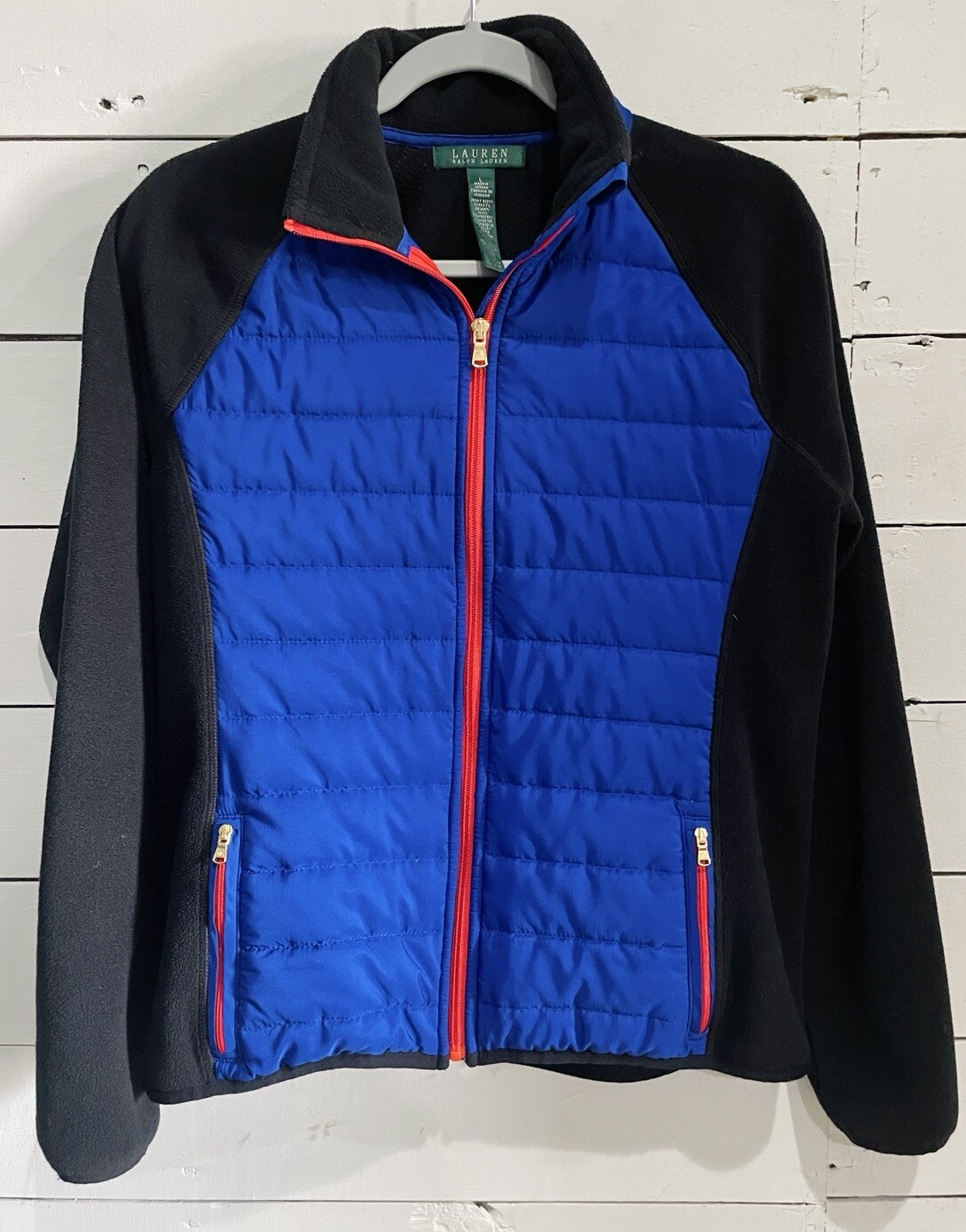 Lauren Ralph Lauren Puffer Fleece Zip Jacket Black Blue Quilted Women Size Large
