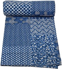 Colcha Kantha estampada índigo indio tiro colcha de algodón vintage kantha gudri