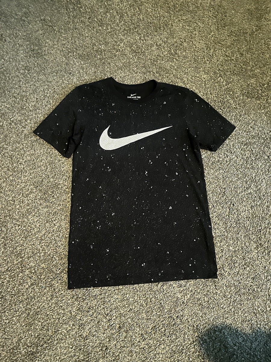 Nike Tee DriFit Swoosh Logo Black Galaxy Bleach Splatter Gym
