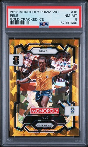 2026 PANINI PRIZM MONOPOLY FIFA WORLD CUP GOLD CRACKED ICE #16 PELE PSA 8