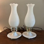Vintage White Milk Glass Corn Cob Hobnail Hurricane Electric Lamp Set Of 2 Works