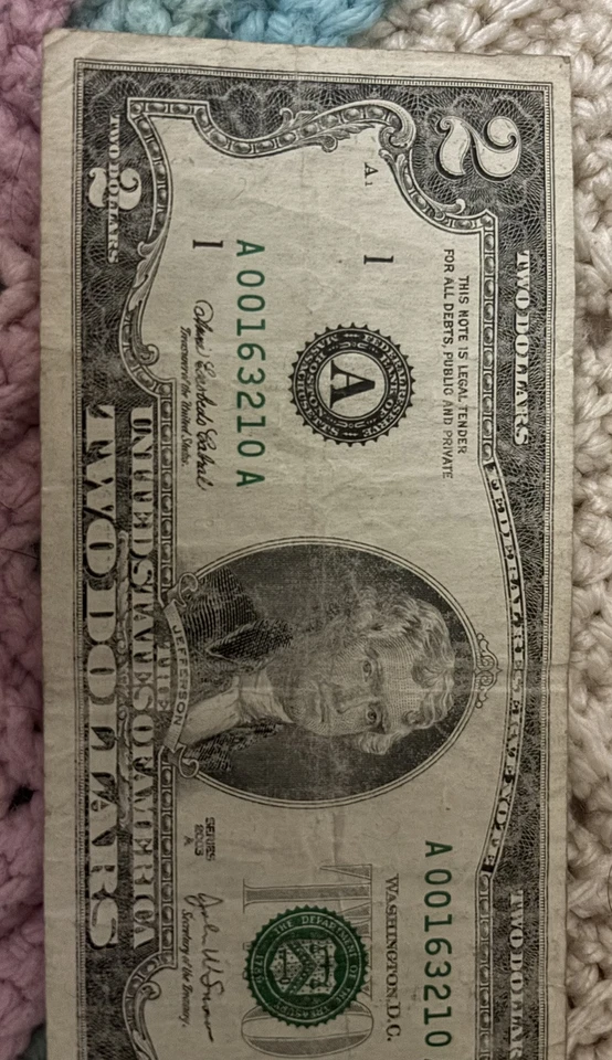 2003 SERIES A $2 DOLLAR Bill Stamp A1 A- LOWEST SERIAL NUMBER ON EBAY- A00163210 - Image 2 of 4