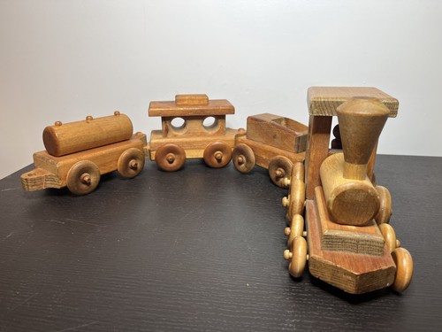 Wooden Train Set Toy Engine 3 Cars Wood Craft Kids Play