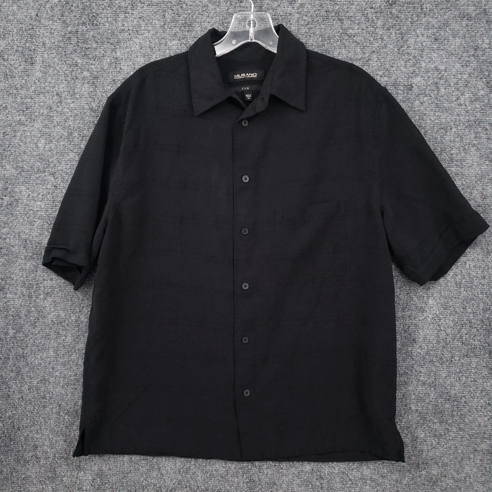 Murano Button Up Shirt Mens M Medium Black Silk Short Sleeve Collared One Pocket