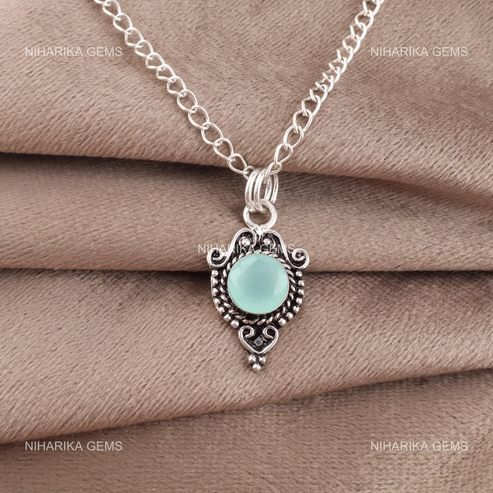 Argento Sterling Acqua Calcedonio Gemma Etnico Boho Mamma Nuovo Ciondolo Jewelry - Immagine 3 di 4