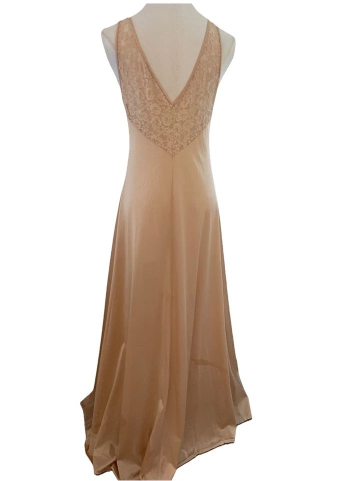 Camisón largo vintage Olga de barrido completo talla 36 caramelo nailon encaje romántico Foto 4 de 4