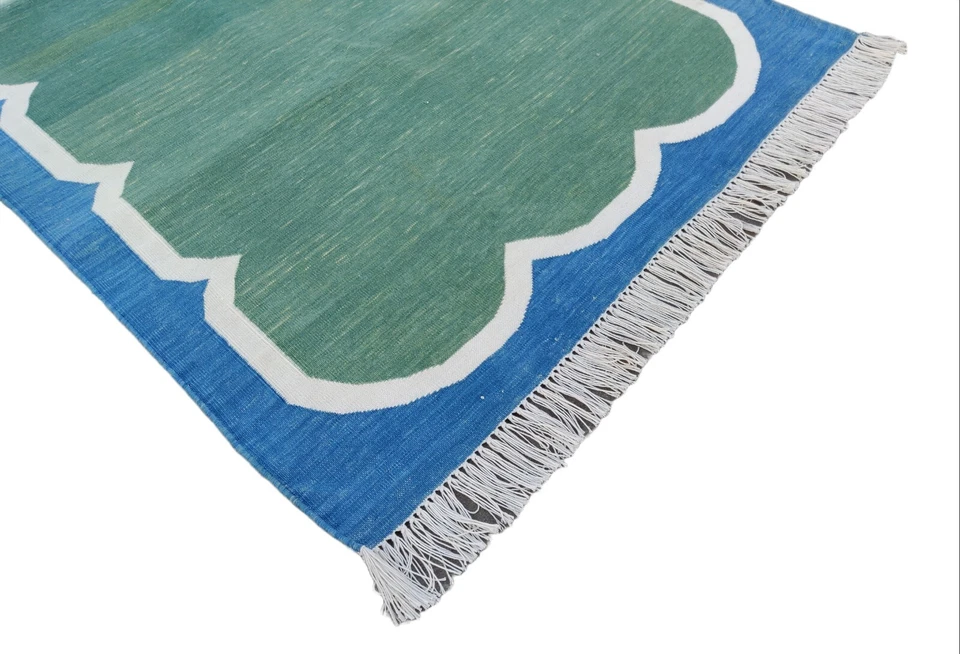 Handmade Cotton Area Rug, Flat Weave Rug, Green And Blue Indian Scalloped Runner - Image 2 of 4