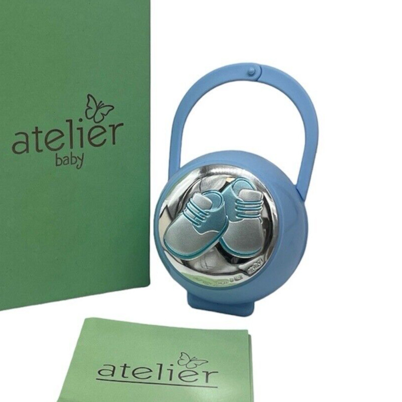 Portachupetes O Pin Bebé Niño Celeste Plata Hecho En Italia + Caja De Regalo