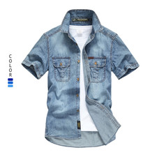 Men's Summer Trendy Fashion Denim Short-sleeved Casual Button-down Shirt Top