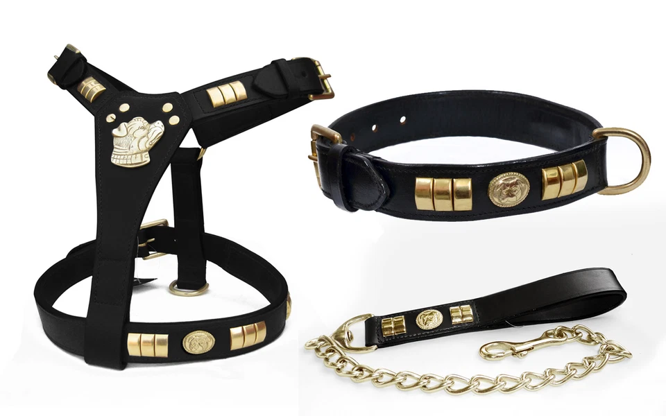 LEATHER DOG HARNESS (DOG MOTIFF)* COLLAR & CHAIN LEAD COMBINE SET BRASS FITTINGS - Image 2 of 4