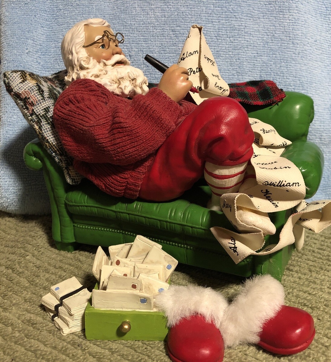 Clothtique POSSIBLE DREAMS WORKING LATE Santa On Couch Checking