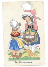 CPA carte postale ancienne aquarelle sur Canson en Normandie oeufs coiffes