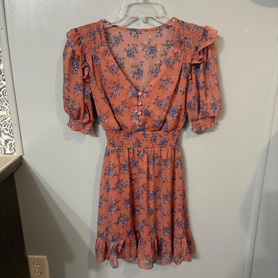 B. Smart Dusty Rose Pink Blue Floral Mini Smocked Ruffle Trim Dress  (Junior 3)