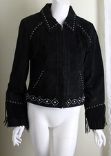 Scully Sz M Black Suede Leather Beaded Fringed Western Zip Jacket