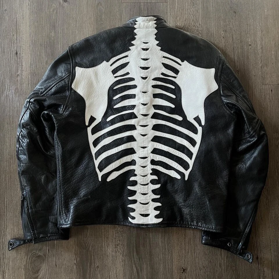 Men's Leather Jacket Motorcycle Skeleton Biker Genuine Cow Leather Jacket - Image 2 of 3