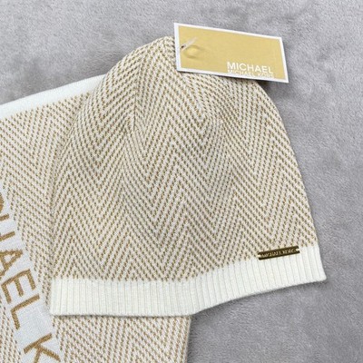 Michael Kors Hat & Scarf 2 pc Set Gold Metallic Cream Knit  display picture 1