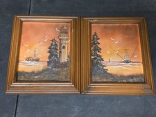 Pair of Vintage MCM Nautical Fishing  Boats Sunset Oil Paintings Melville