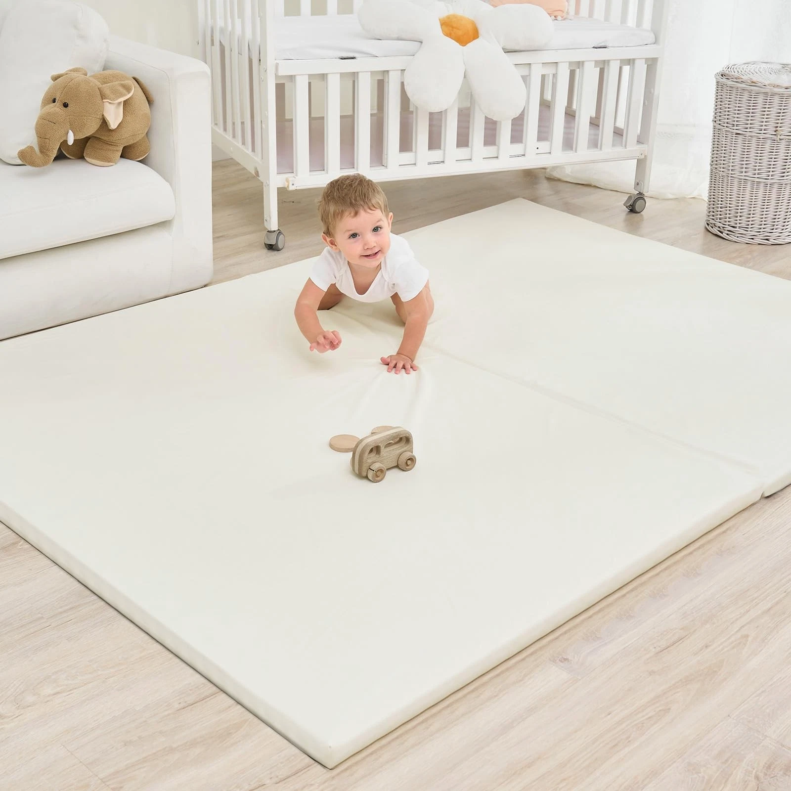 Yumiio Large Vegan Leather Baby Play Mat for Floor, 1.3" Thick Foam, 59x82, Fold