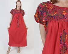 Red Hand Embroidered Oaxacan Dress Traditional Holiday Mexican Long Kaftan