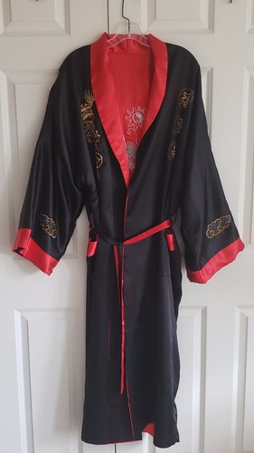 Vintage 60s 70s Long Satin Smoking Jacket Lounging Robe Red Black Dragon Sz Med