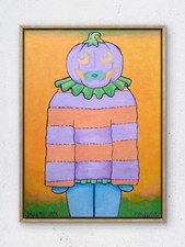 Original Contemporary 9x12 Pumpkin Girl Acrylic Painting Wall Art Canvas Panel
