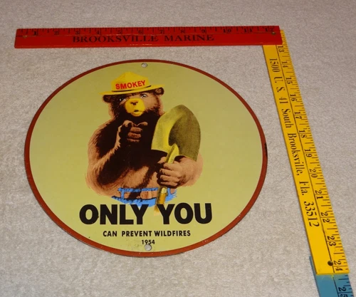 VINTAGE 1954 SMOKEY THE BEAR FOREST FIRE PREVENTION 10" PORCELAIN METAL GAS SIGN