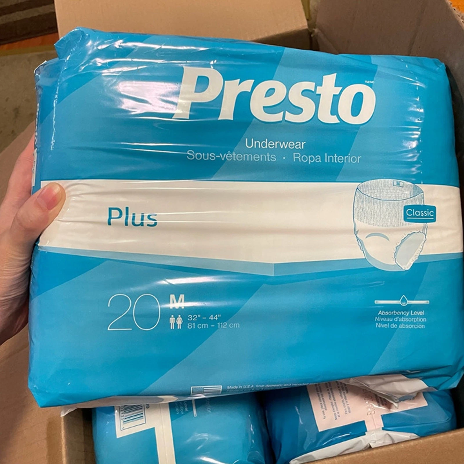 4 Pack, 80 counts, 20 counts each PRESTO Daily Underwear Adult Size M