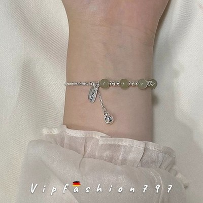 Armband Silber 925   Perlenarmband Ball grünen Kugeln und Anhänger Luck 18 cm