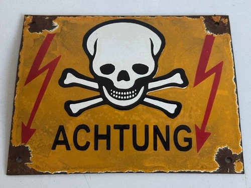Vintage Porcelain Skull Crossbones Sign ACHTUNG German WW2 WWII Lightning Bolts