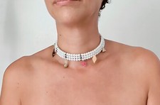 Restored Added Charms faux pearl choker Collar necklace 3 Strand Wired