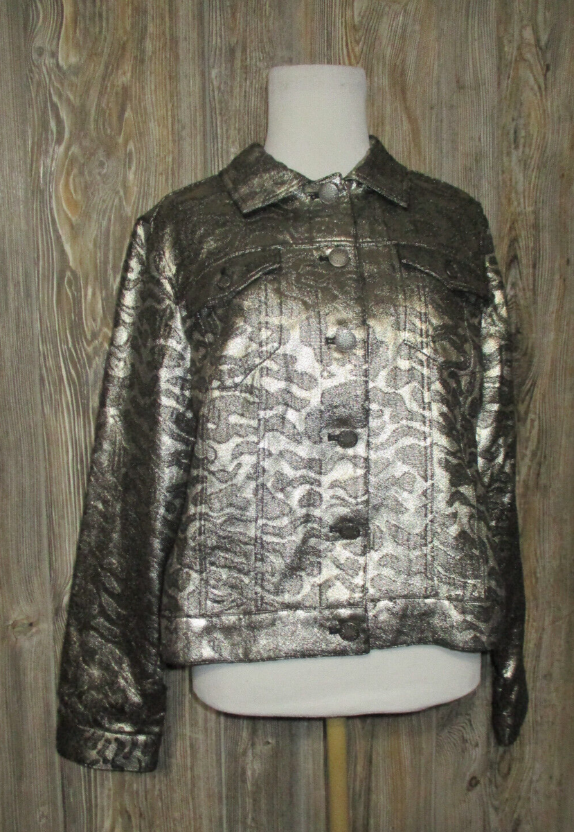 トップス u Chicos Size 1 US Sz M 8 Black Silver Jacquard Animal Crop Blazer