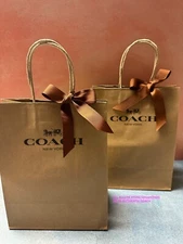 2X Coach Small Brown Paper Shopping~Gift Bag With Ribbons