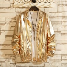 Shiny Metallic Zip Up Windbreaker Jacket Men's Rave Party Stage Singer Costume