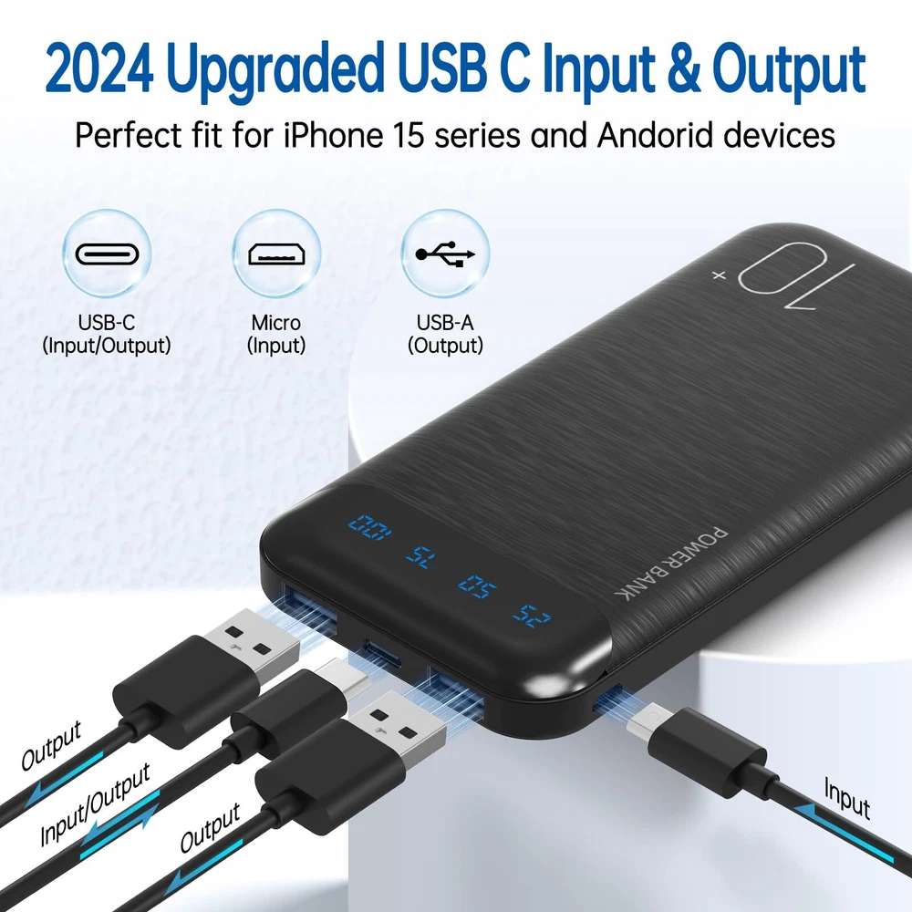 10000mAh Slim Power Bank with Dual 2.4A USB Fast Charging