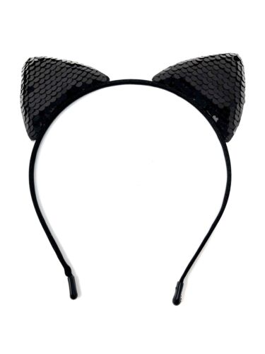 Black Cat Ears Headband Sparkly Sequin Hairband Halloween Fancy Dress - Picture 1 of 2