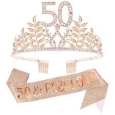 CIEHER 50th Birthday Crown 50 Fabulous 2 Piece Set, Sash Tiara Set