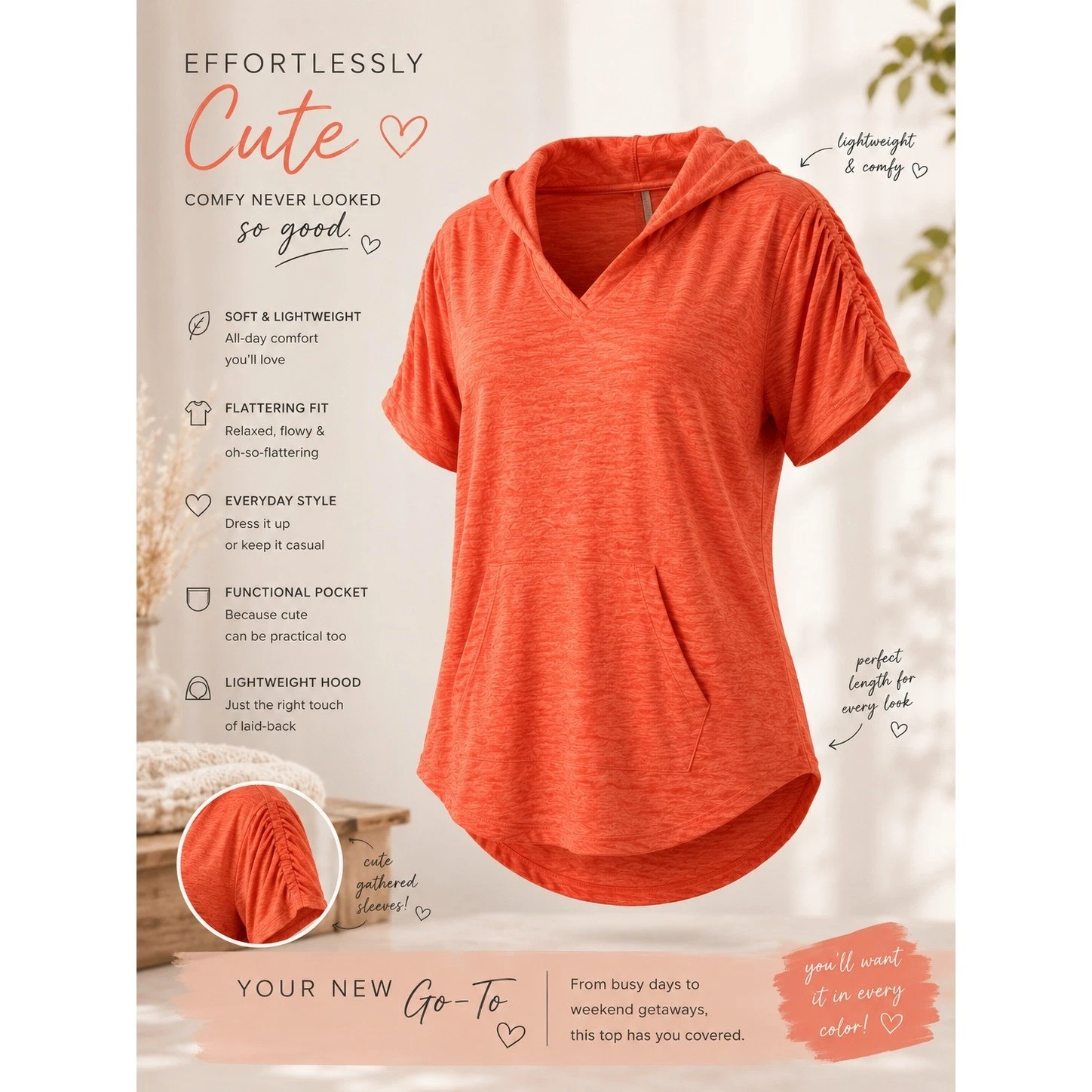 Live Well Lifestyle Womens Large Orange Short Sleeve Hoodie Athleisure Summer L