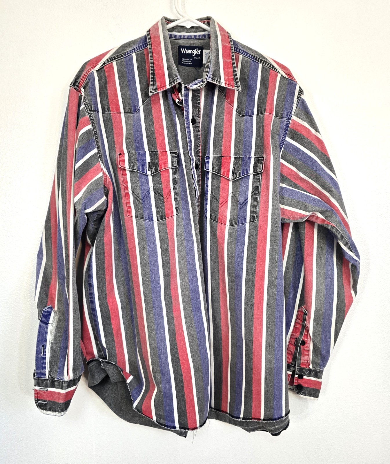 Vintage Wrangler Brushpopper Shirt 17 1/2 x 36 striped x long tails usa made #2