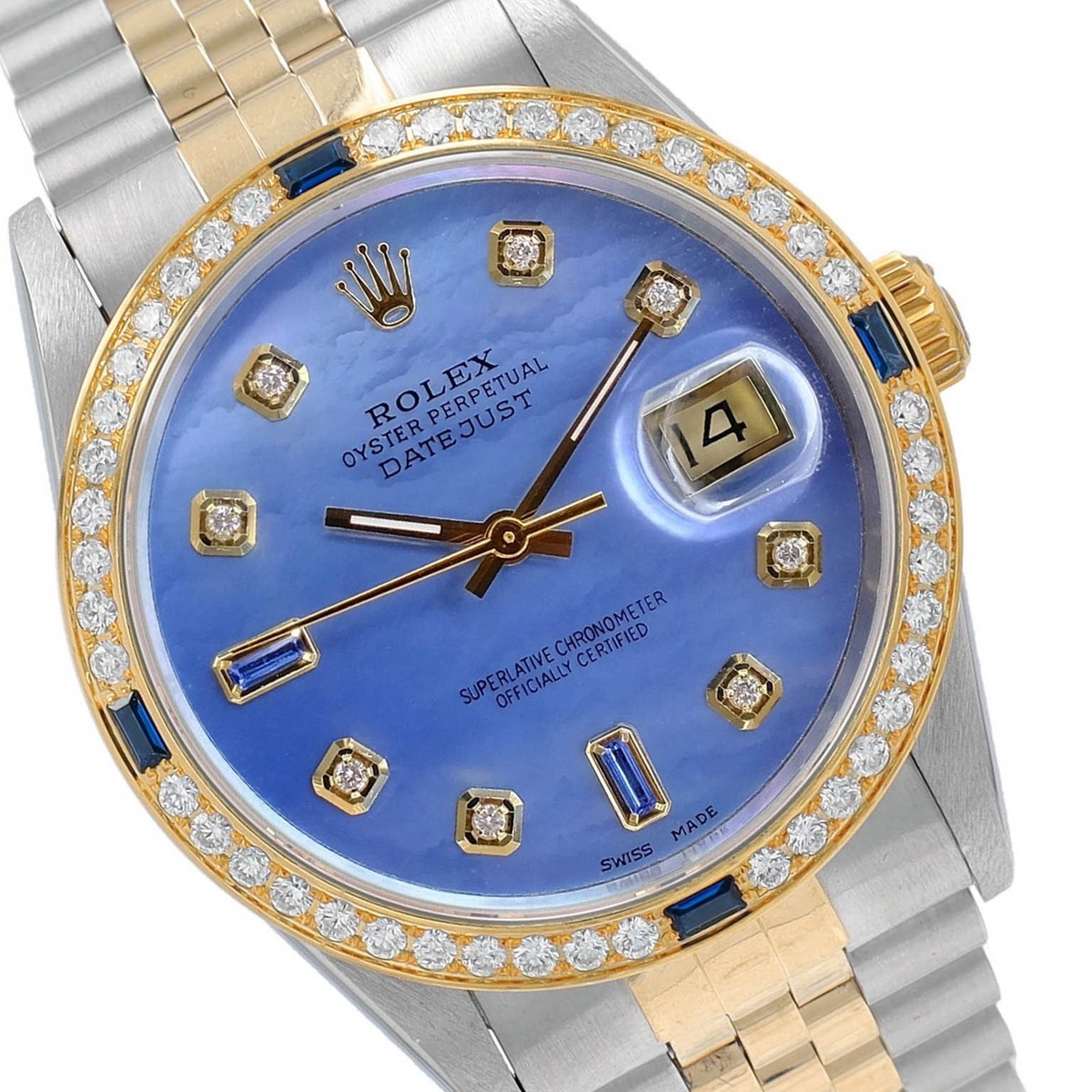 Rolex Datejust 16233 36mm Blue MOP Diamond Sapphire 18KY Gold SS
