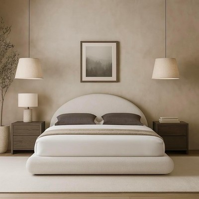 Round Bed   Washable Cover - Soft Upholstered Linen - Minimalist Modern - Half C