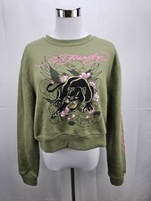 NWT Ed Hardy Tattoo Women's Large Green Cropped Long Sleeve Pullover Sweatshirt