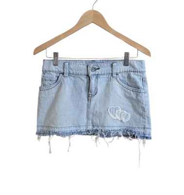 Mossimo Denim Micro Mini Skirt With Fringe Heart Detail. Size 5 (Juniors)