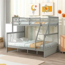 Twin Over Full Bunk Bed Wooden Bunk Bed with Ladder and Safety Guard Rails,Gray