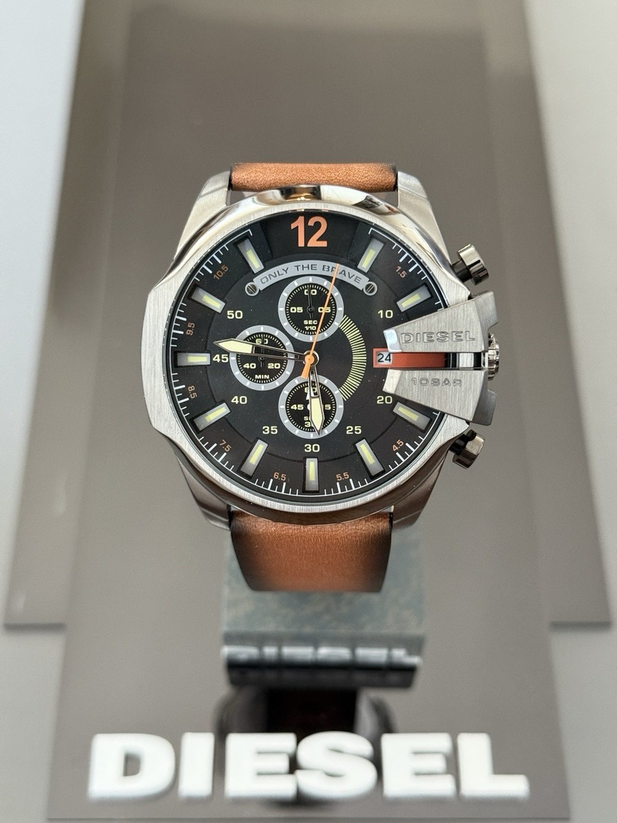 Diesel DZ4343 Mega Chief Men's Black Dial Brown Leather Quartz Watch 59x51mm