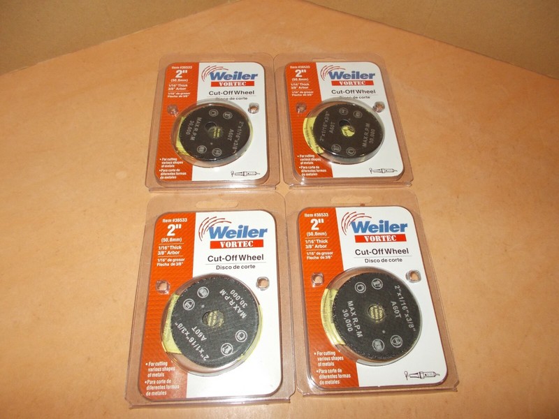 WEILER VORTEC CUT OFF WHEELS #36533 QTY4 WHEELS 2" X 1/16" X 3/8" DIE GRINDER